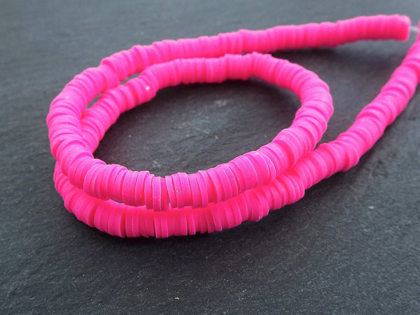 6mm Pink Heishi Beads, Polymer Clay Disc Beads, African Disc Beads, Round Vinyl Beads, 16 inch Strand, Neon Pink
