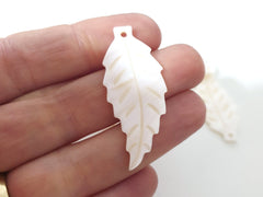 4 Mother of Pearl Carved Leaf Pendant, Small White Carved Shell, MOP Leaves Carving, Front Drilled, 40x18mm, 4pc, No:10