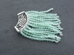 Pale Aqua Green Jade Gemstone Beaded Fringe Tassel Pendant, Matte Antique Silver Plated Filigree Bail Cap, 1pc