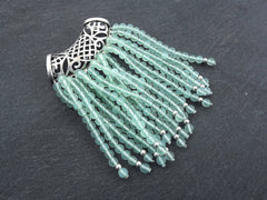 Pale Aqua Green Jade Gemstone Beaded Fringe Tassel Pendant, Matte Antique Silver Plated Filigree Bail Cap, 1pc