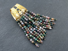 Green Indian Agate Gemstone Beaded Fringe Tassel Pendant, 22k Matte Gold Plated Filigree Slider Bail