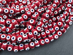 10 Red Glass Evil Eye Beads, Chunky Rondelle Artisan Handmade Lucky Protective Nazar Beads, 10x12mm