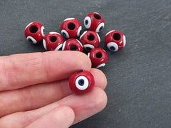 10 Red Glass Evil Eye Beads, Chunky Rondelle Artisan Handmade Lucky Protective Nazar Beads, 10x12mm