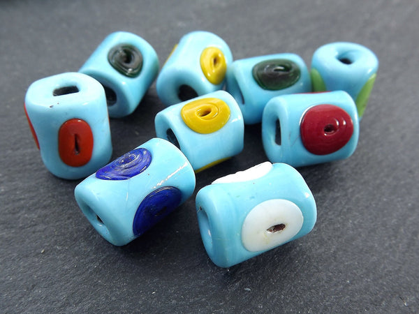 Sky Blue Glass Evil Eye Beads, Chunky Cylinder Colorful Multicolored, Traditional Turkish Artisan Handmade, Lucky Protective Nazar Beads