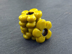 6 Yellow Glass Flower Beads, Large Chunky Flower Artisan Handmade Opaque Yellow, 20mm