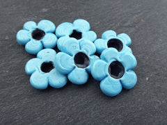 6 Sky Blue Glass Flower Beads, Large Chunky Flower Artisan Handmade Translucent Blue, 20mm