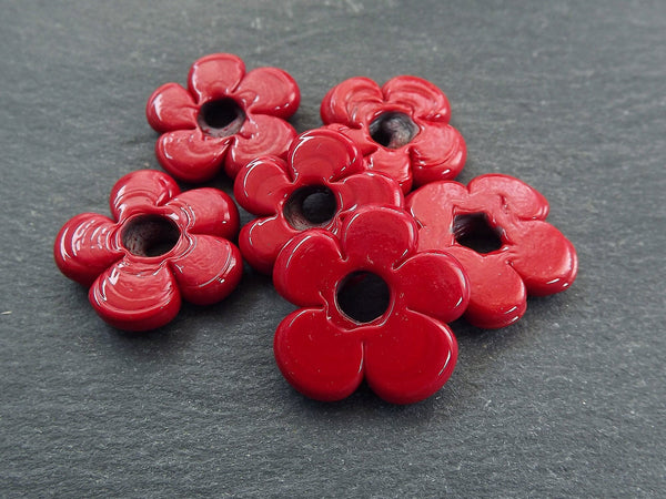 6 Red Glass Flower Beads, Large Chunky Flower Artisan Handmade Opaque Red, 20mm