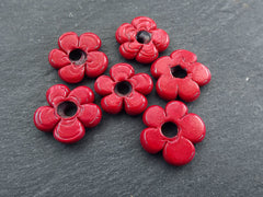 6 Red Glass Flower Beads, Large Chunky Flower Artisan Handmade Opaque Red, 20mm