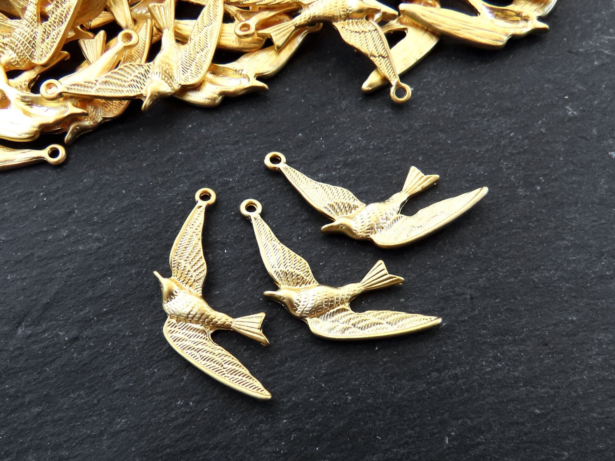 Flying Swallow Bird Charm Pendant, 22k Matte Gold Plated Brass, 3pcs