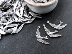 Flying Swallow Bird Pendant Charms, Matte Antique Silver Plated Brass, 3pcs