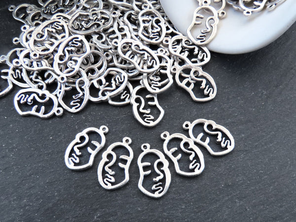 Small Face Pendant Charms, Female Face Outline Silhouette, Abstract Face, Rustic Artisan Jewelry, Matte Antique Silver Plated Brass, 8pcs
