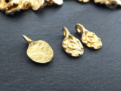 Artisan Pinched Dot Charms, Rustic Cast Pendant Charms, 22k Matte Gold Plated, 3pc