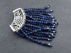 Navy Denim Blue Jade Gemstone Beaded Fringe Tassel Pendant, Matte Antique Silver Plated Filigree Bail Cap, 1pc