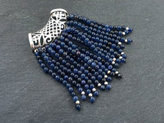 Navy Denim Blue Jade Gemstone Beaded Fringe Tassel Pendant, Matte Antique Silver Plated Filigree Bail Cap, 1pc