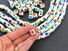 White Evil Eye Beads, Rainbow Colorful Glass Eye Beads, Tube Beads, Rustic Traditional Turkish Artisan Handmade, Lucky Protective Nazar