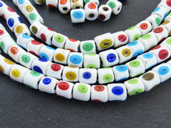 White Evil Eye Beads, Rainbow Colorful Glass Eye Beads, Tube Beads, Rustic Traditional Turkish Artisan Handmade, Lucky Protective Nazar