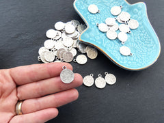 Hammered Silver Coin Charms, Rustic Disc Circle Pendant Boho Bohemian, Matte Antique Silver Plated, 3pcs