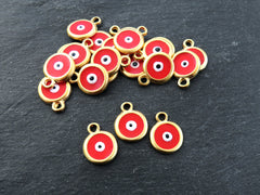 Gold Mini Round Evil Eye Pendant Charms, Red Enamel Evil Eye Charms, Good Luck Protective Amulet Talisman, 22k Matte Gold Plated, 3pc