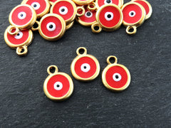 Gold Mini Round Evil Eye Pendant Charms, Red Enamel Evil Eye Charms, Good Luck Protective Amulet Talisman, 22k Matte Gold Plated, 3pc