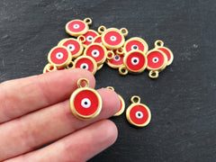 Gold Mini Round Evil Eye Pendant Charms, Red Enamel Evil Eye Charms, Good Luck Protective Amulet Talisman, 22k Matte Gold Plated, 3pc