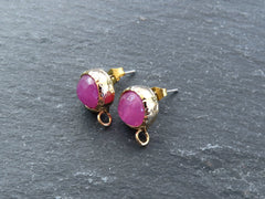 Pink Stone Earring Posts, Stud Earrings, Ear Post, Earring Component, 22k Shiny Gold, 1 Pair - NEW MODEL