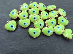 Green Heart Evil Eye Charm Pendant, Glass Lampwork Evil Eye, Amulet, Protective, Lucky, Handmade, 22k Shiny Gold Plated Bezel 1pc, Lime