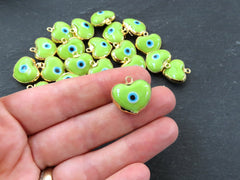 Green Heart Evil Eye Charm Pendant, Glass Lampwork Evil Eye, Amulet, Protective, Lucky, Handmade, 22k Shiny Gold Plated Bezel 1pc, Lime