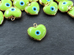 Green Heart Evil Eye Charm Pendant, Glass Lampwork Evil Eye, Amulet, Protective, Lucky, Handmade, 22k Shiny Gold Plated Bezel 1pc, Lime