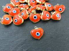 Orange Heart Evil Eye Charm Pendant, Glass Lampwork Evil Eye, Amulet, Protective, Lucky, Handmade, 22k Shiny Gold Plated Bezel 1pc