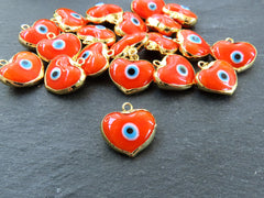 Orange Heart Evil Eye Charm Pendant, Glass Lampwork Evil Eye, Amulet, Protective, Lucky, Handmade, 22k Shiny Gold Plated Bezel 1pc