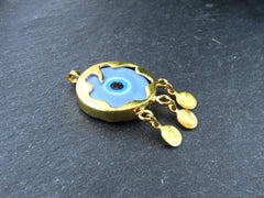 Blue Evil Eye Charm Gold Bezel Pendant, Glass Evil Eye Lampwork Amulet, Dangle Pendant, Protective, Lucky, Handmade, 1pc, Cornflower