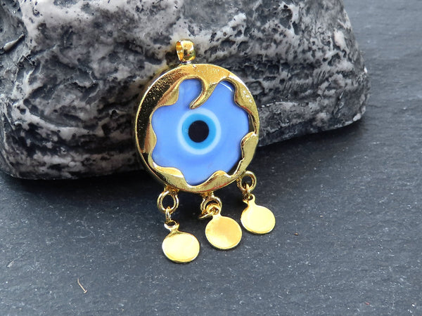 Blue Evil Eye Charm Gold Bezel Pendant, Glass Evil Eye Lampwork Amulet, Dangle Pendant, Protective, Lucky, Handmade, 1pc, Cornflower