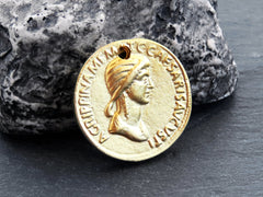 Gold Roman Coin Pendant Charm, Agrippina Coin Replica Coin Medallion, Ancient Greek Coin, 22k Matte Gold Plated, 1pc