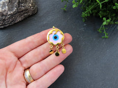 Pink Evil Eye Charm Gold Bezel Pendant, Glass Evil Eye Lampwork Amulet, Dangle Pendant, Protective, Lucky, Handmade, 1pc, Soft Pink