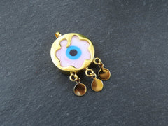 Pink Evil Eye Charm Gold Bezel Pendant, Glass Evil Eye Lampwork Amulet, Dangle Pendant, Protective, Lucky, Handmade, 1pc, Soft Pink