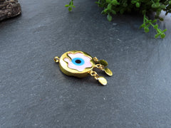 Pink Evil Eye Charm Gold Bezel Pendant, Glass Evil Eye Lampwork Amulet, Dangle Pendant, Protective, Lucky, Handmade, 1pc, Soft Pink