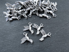 Flying Kingfisher Bird Pendant Charms, Three Dimensional, Matte Antique Silver Plated Brass, 21x20mm, 4pcs