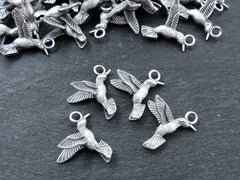 Flying Kingfisher Bird Pendant Charms, Three Dimensional, Matte Antique Silver Plated Brass, 21x20mm, 4pcs