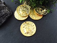 Gold Roman Coin Pendant Charm, Hercules Coin Replica Coin Medallion, Ancient Greek Coin, 22k Matte Gold Plated, 1pc