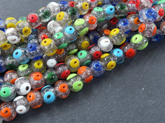 Clear Evil Eye Beads, Rainbow Colorful Glass Eye Beads, Chunky Rondelle, Rustic Traditional Turkish Artisan Handmade, Lucky Protective Nazar