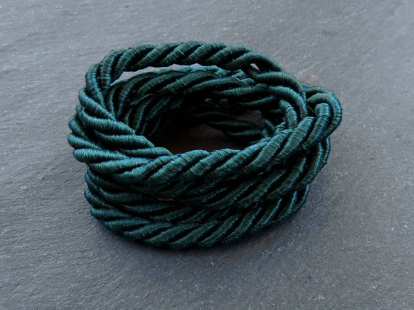 Dark Pine Green 7mm Cord Rayon Satin Rope Silk Braid, Twisted Rope Jewelry Necklace Cord  - 3 Ply Twist - 1 meters - 1.09 Yards