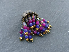 Purple Beaded Tassel Pendant, Bronze Cap, Rustic Artisan Charm, Antique Bronze Plated Brass, 1pc