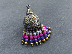 Purple Beaded Tassel Pendant, Bronze Cap, Rustic Artisan Charm, Antique Bronze Plated Brass, 1pc