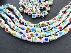 White Evil Eye Beads, Rainbow Colorful Glass Eye Beads, Tube Beads, Rustic Traditional Turkish Artisan Handmade, Lucky Protective Nazar