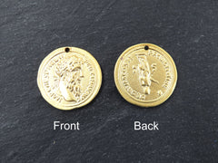 Gold Roman Coin Pendant Charm, Caesphel Replica Coin Medallion, Ancient Greek Coin, Chariot Four Horses, 22k Matte Gold Plated, 1pc