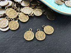 Hammered Bronze Coin Charms, Rustic Disc Circle Pendant Boho Bohemian, Antique Bronze Plated, 3pcs