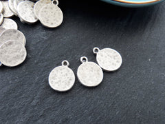 Hammered Silver Coin Charms, Rustic Disc Circle Pendant Boho Bohemian, Matte Antique Silver Plated, 3pcs