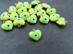 Green Heart Evil Eye Charm Pendant, Glass Lampwork Evil Eye, Amulet, Protective, Lucky, Handmade, 22k Shiny Gold Plated Bezel 1pc, Lime