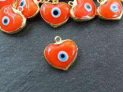 Orange Heart Evil Eye Charm Pendant, Glass Lampwork Evil Eye, Amulet, Protective, Lucky, Handmade, 22k Shiny Gold Plated Bezel 1pc