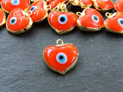 Orange Heart Evil Eye Charm Pendant, Glass Lampwork Evil Eye, Amulet, Protective, Lucky, Handmade, 22k Shiny Gold Plated Bezel 1pc